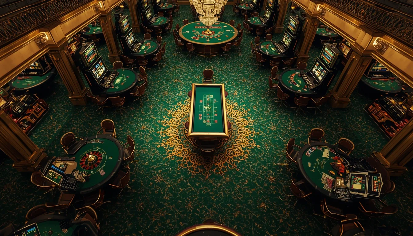 Tusk Casino games lobby — overhead view of slot machines, roulette and blackjack tables on emerald carpet with gold accents
