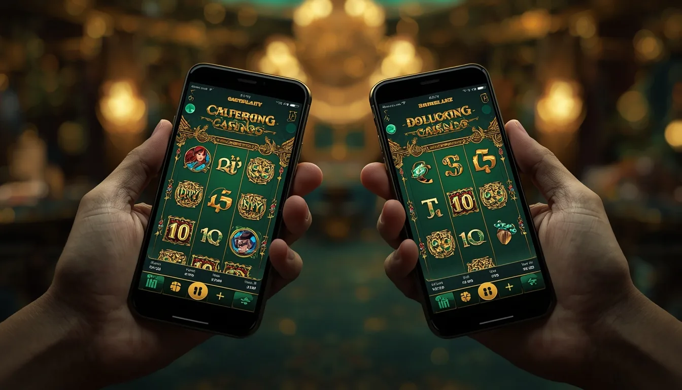 Tusk Casino mobile on iOS and Android — two smartphones showing casino slot games on screen with green and gold UI