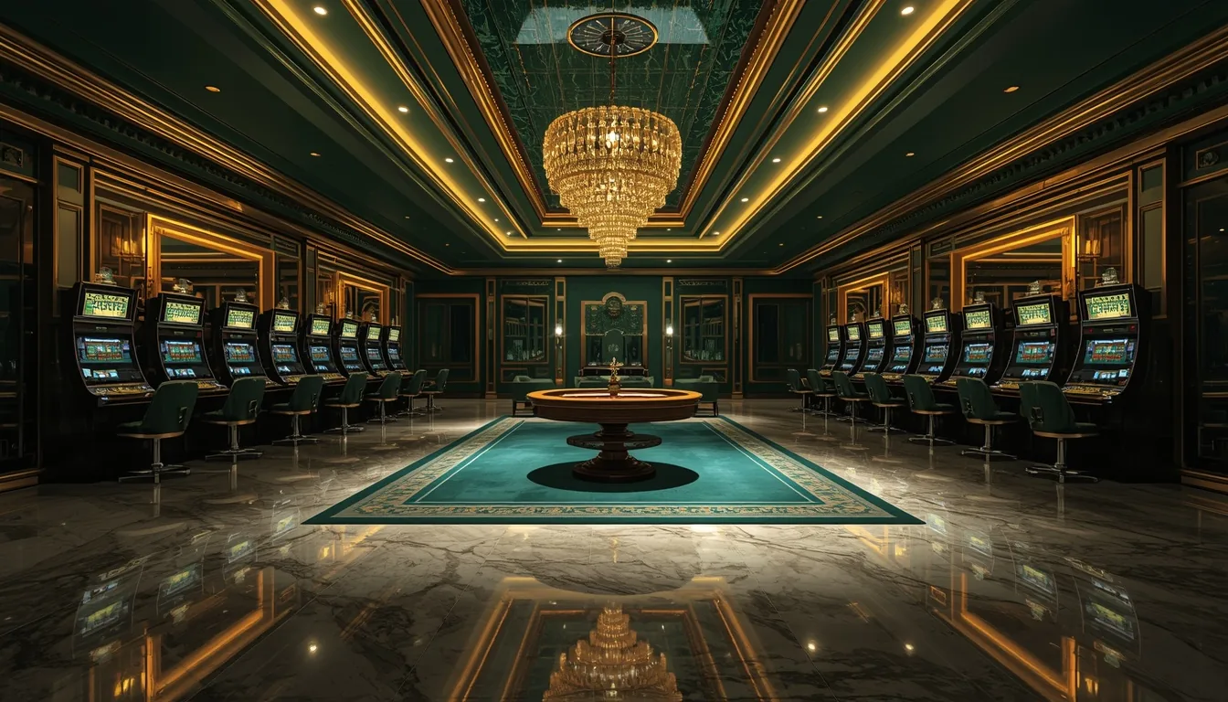 Tusk Casino South Africa review — luxurious casino lobby with chandelier, slot machines and roulette in emerald and gold