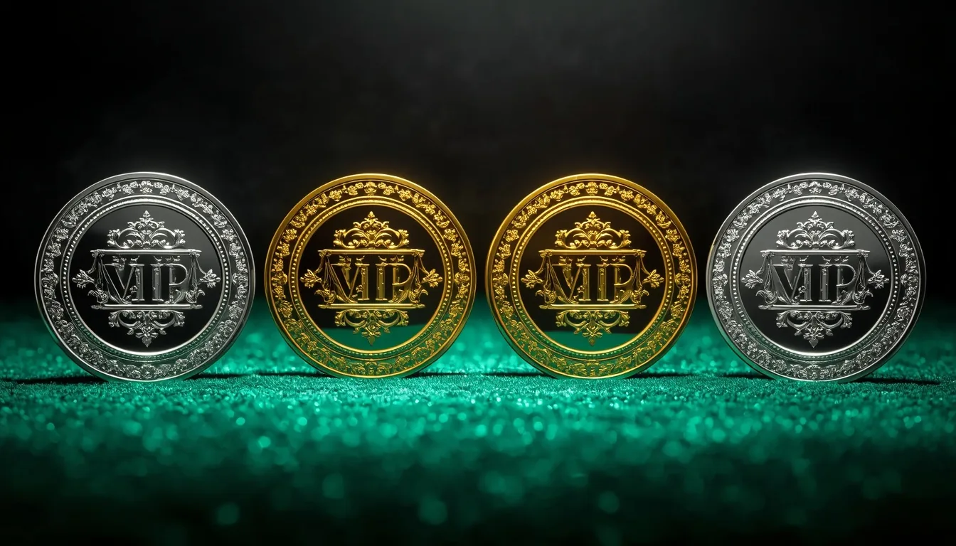 Tusk Casino VIP and loyalty tiers — four ornate VIP coin badges in silver, gold, platinum and diamond on emerald velvet